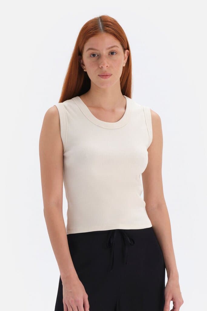 Dagi Ecru Ribbed Cotton Tank Top