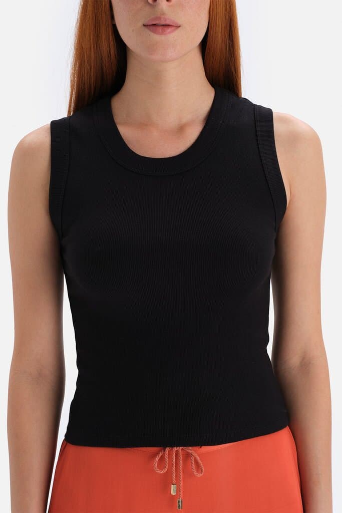 Dagi Black Ribbed Cotton Tank Top with Thick Straps 4