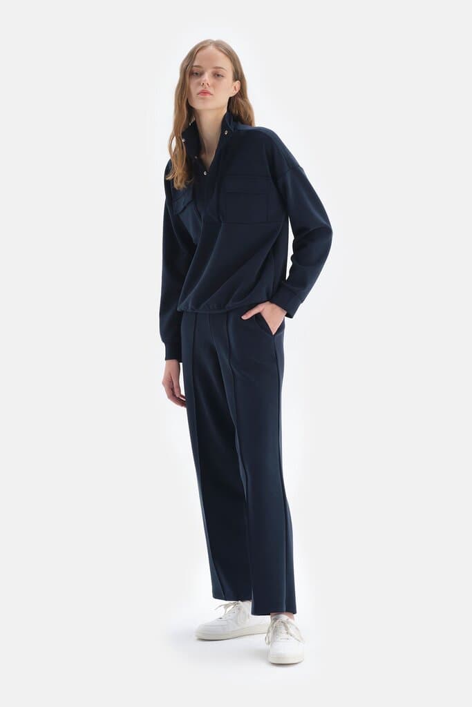 Dagi Navy Blue Ribbed Pants with Elastic Waistband 6