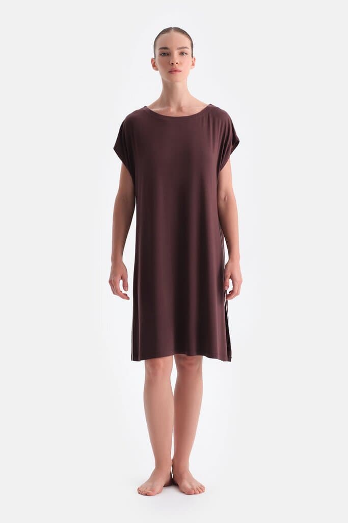 Dagi Burgundy Slit Short-Sleeve Nightdress
