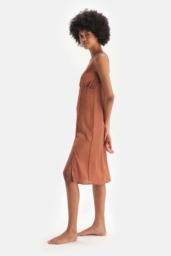 Dagi Brown Sateen Nightgown with Lace Detail and Slit 3