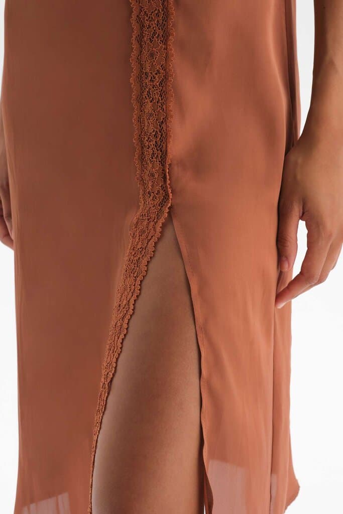 Dagi Brown Sateen Nightgown with Lace Detail and Slit 5