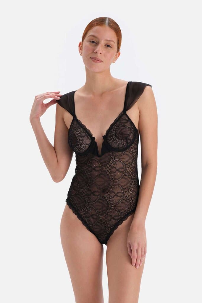 Dagi Black Lace Bodysuit with Ribbon Detail