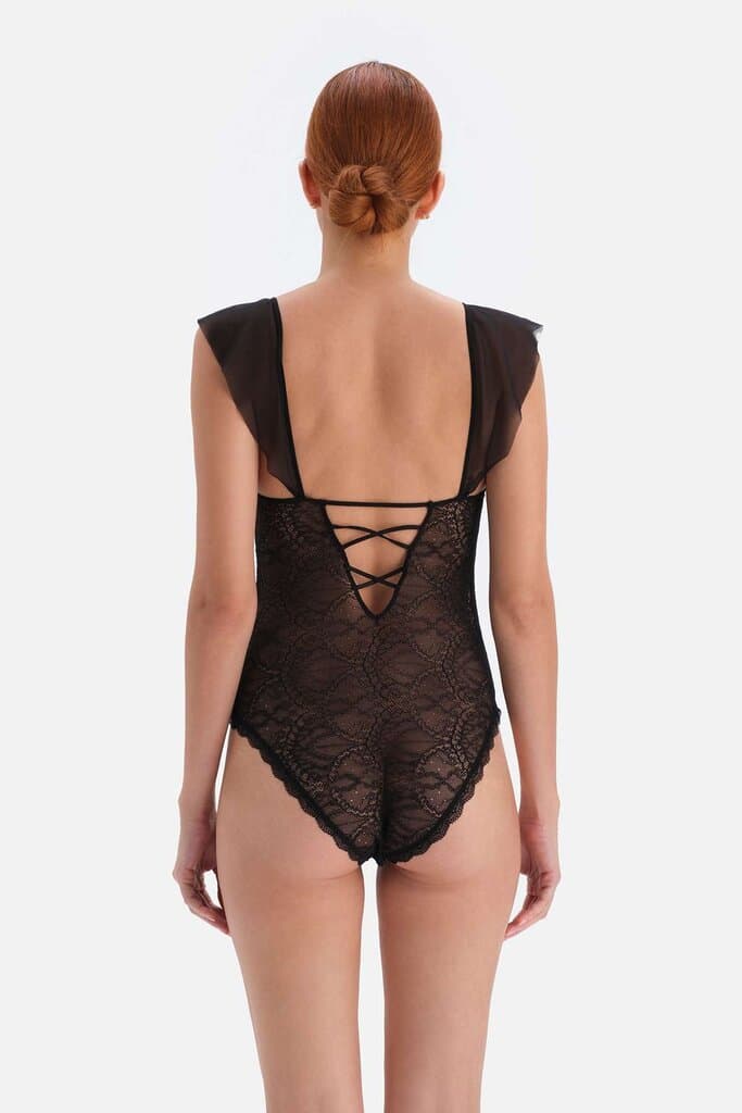 Dagi Black Lace Bodysuit with Ribbon Detail 2