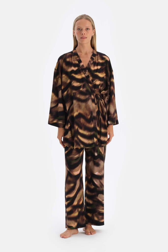 Dagi Brown patterned woven viscose robe