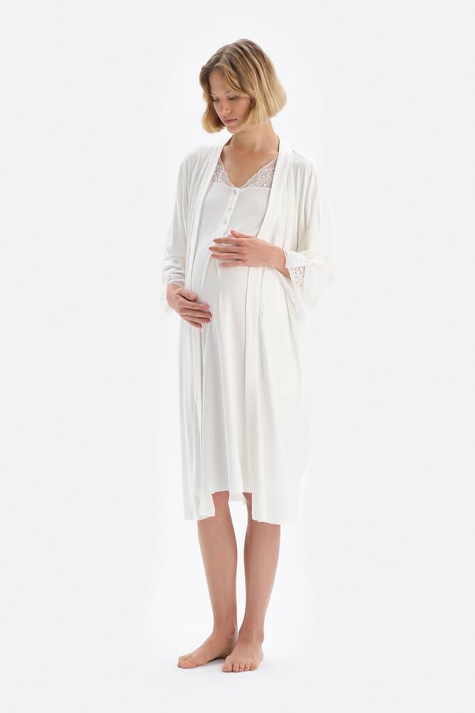 Dagi Off-White Lace Detail Viscose Maternity Robe 6