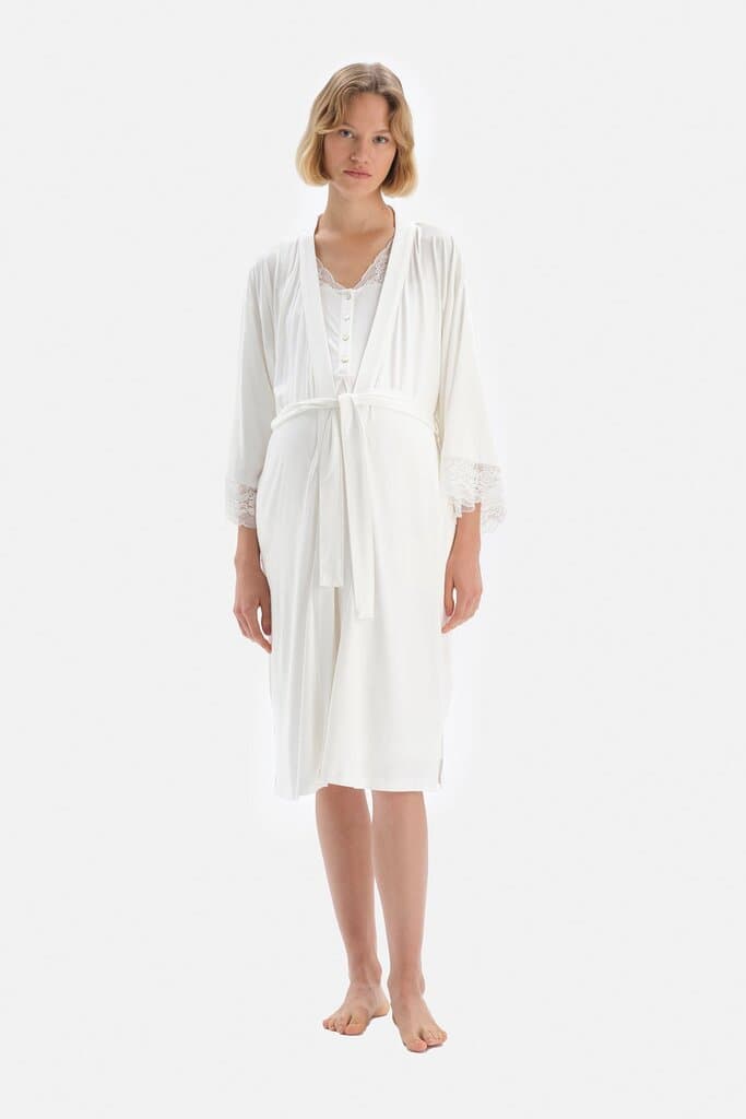 Dagi Off-White Lace Detail Viscose Maternity Robe