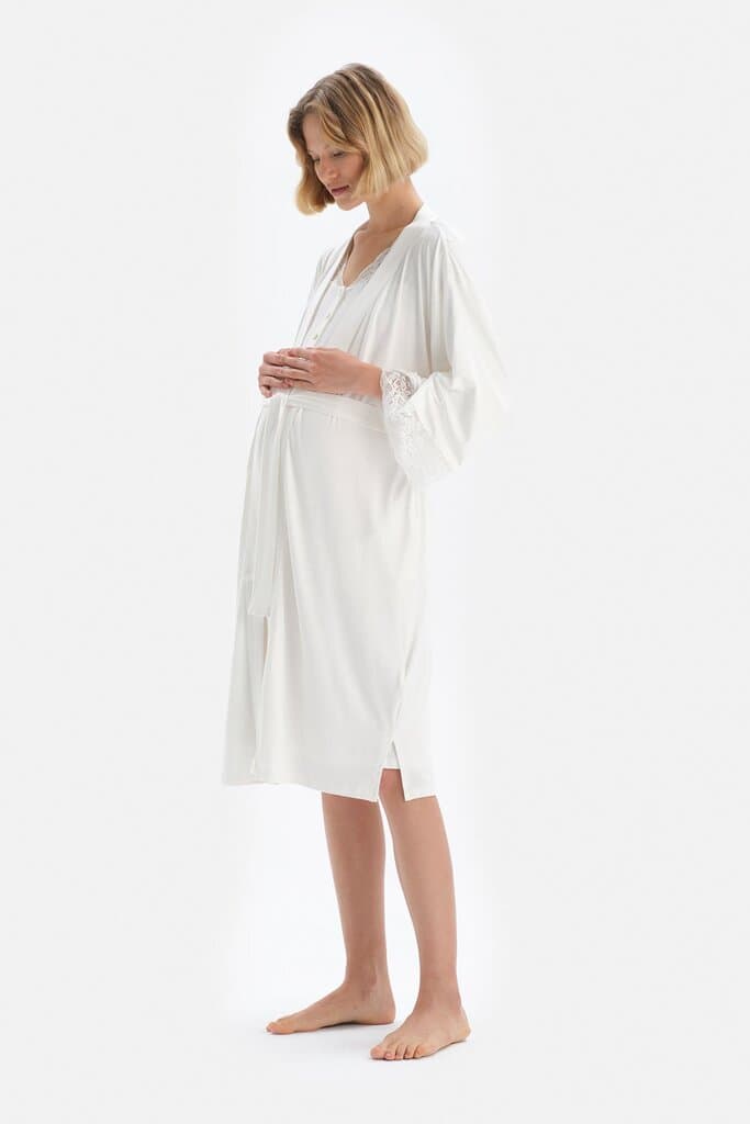 Dagi Off-White Lace Detail Viscose Maternity Robe 3
