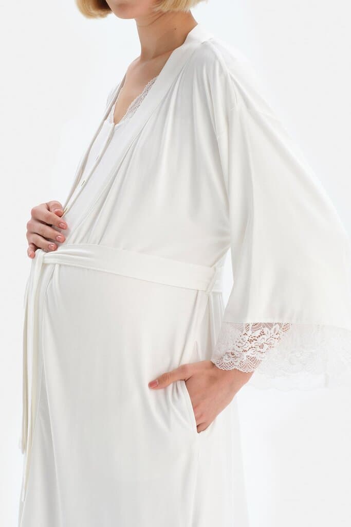 Dagi Off-White Lace Detail Viscose Maternity Robe 4
