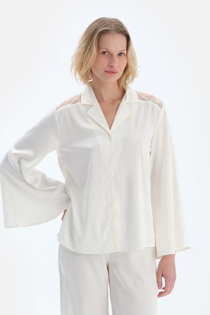 Dagi White Lace Detail Satin Bride Shirt