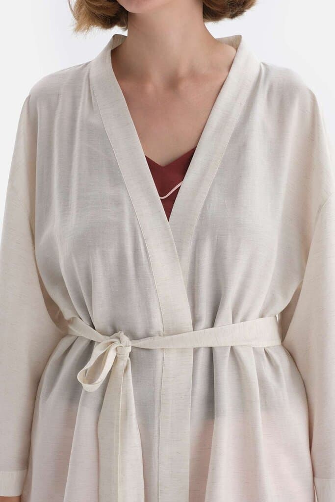 Dagi Stone-Detailed Viscose-Linen Long Sleeve Kimono Robe 5