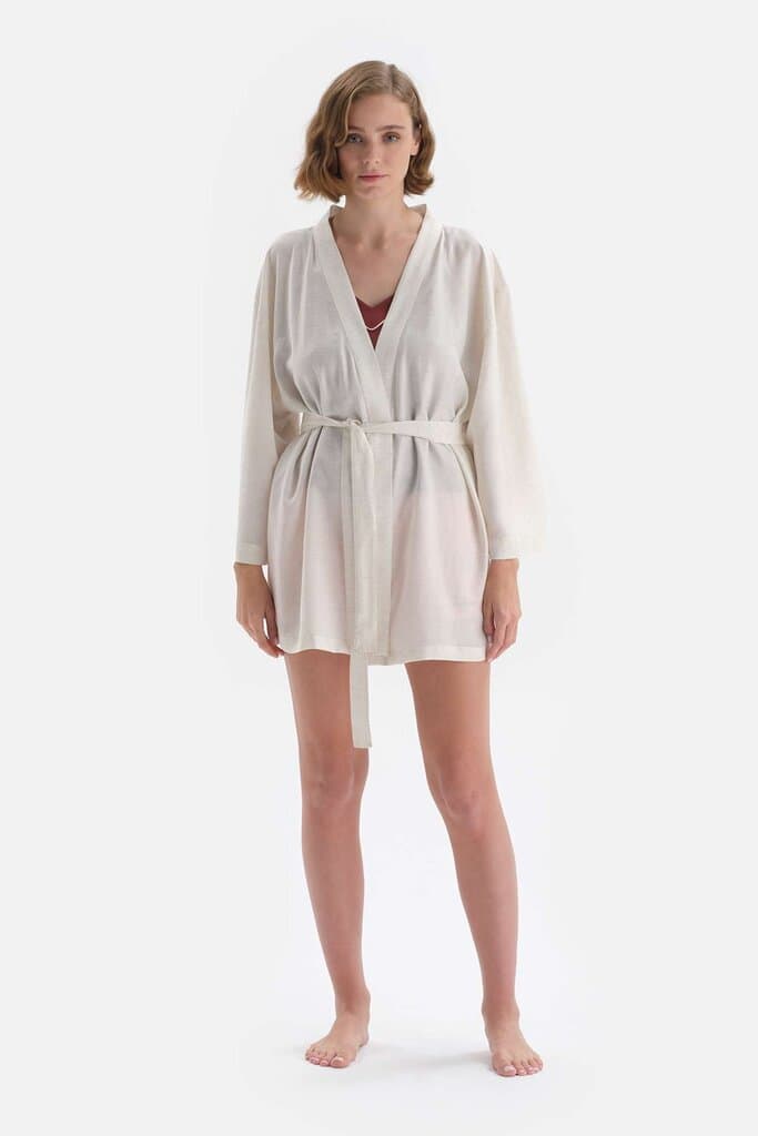 Dagi Stone-Detailed Viscose-Linen Long Sleeve Kimono Robe 6