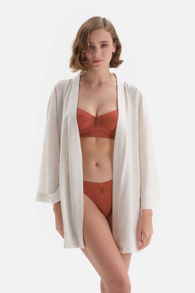 Dagi Stone-Detailed Viscose-Linen Long Sleeve Kimono Robe