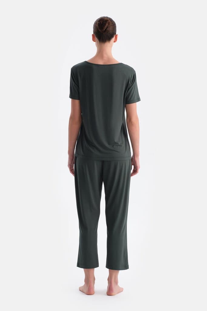 Dagi Dark Green V-Neck Lace Detail T-Shirt and Pants Set 2