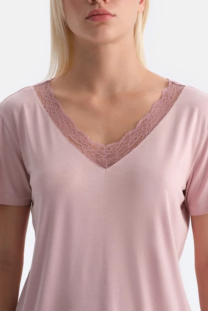 Dagi Dark Green V-Neck Lace Detail T-Shirt and Pants Set 5