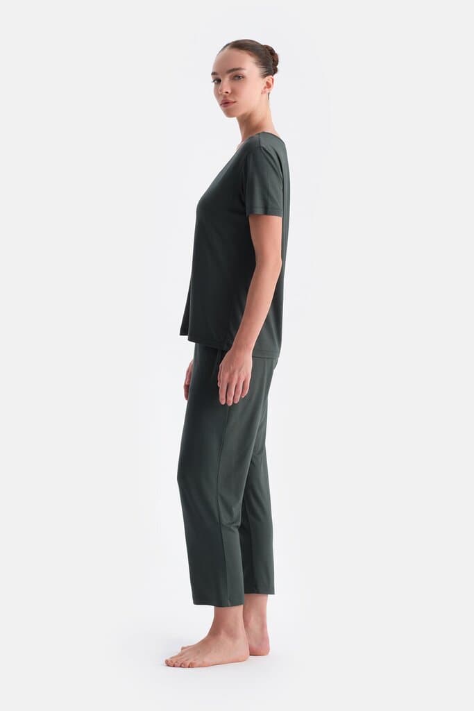 Dagi Dark Green V-Neck Lace Detail T-Shirt and Pants Set 3