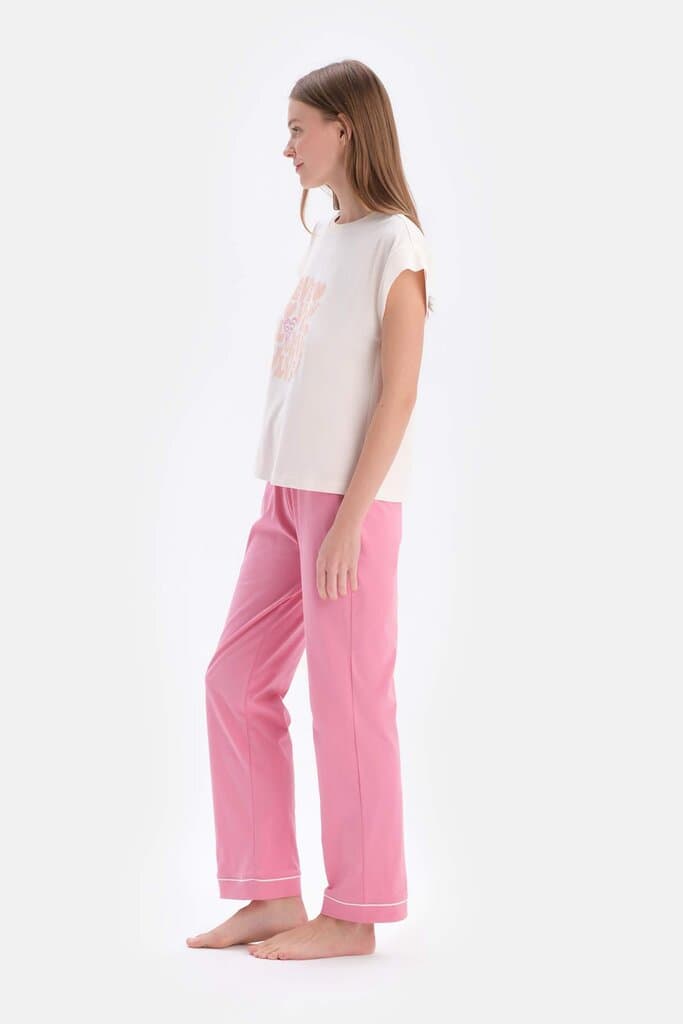 Dagi Ecru Short-Sleeve Printed Shirt and Pants Pajama Set 3