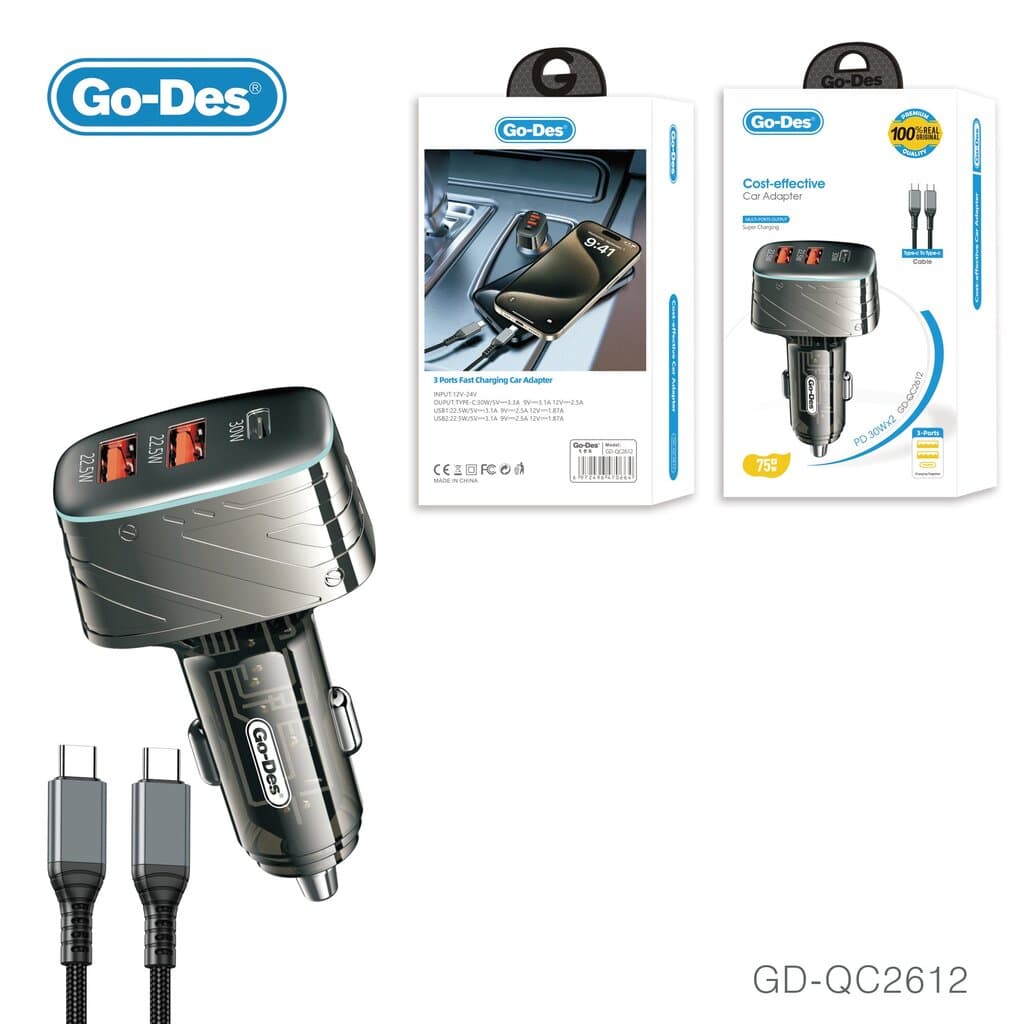 Go-Des 2in1 PD Car Charger 3-Port 75W Fast Charging Dual PD 30W Type-C and 22.5W USB with Type-C to Type-C Cable
