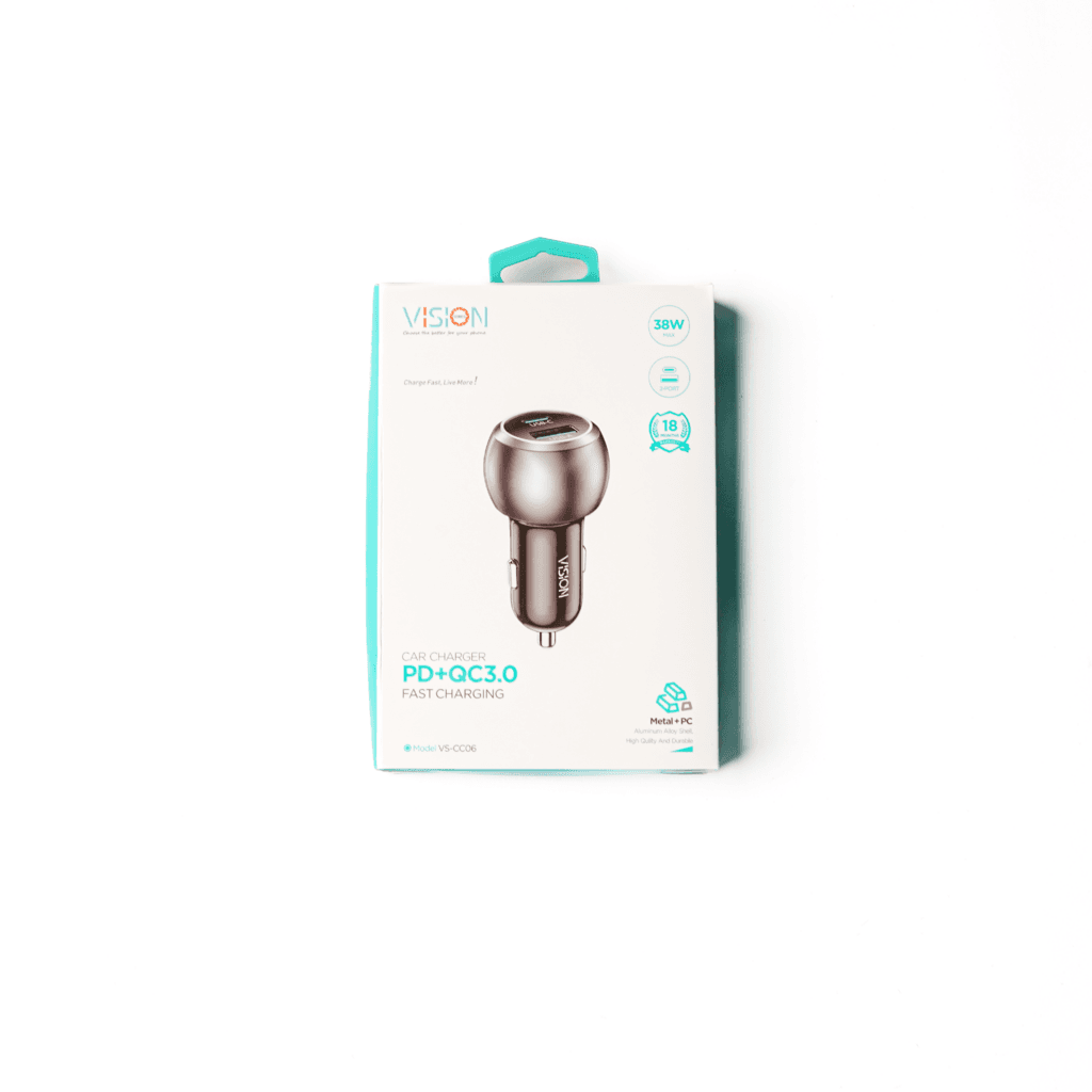 VISION Car Charger Dual Ports:  USB-C & USB-A 38W Fast