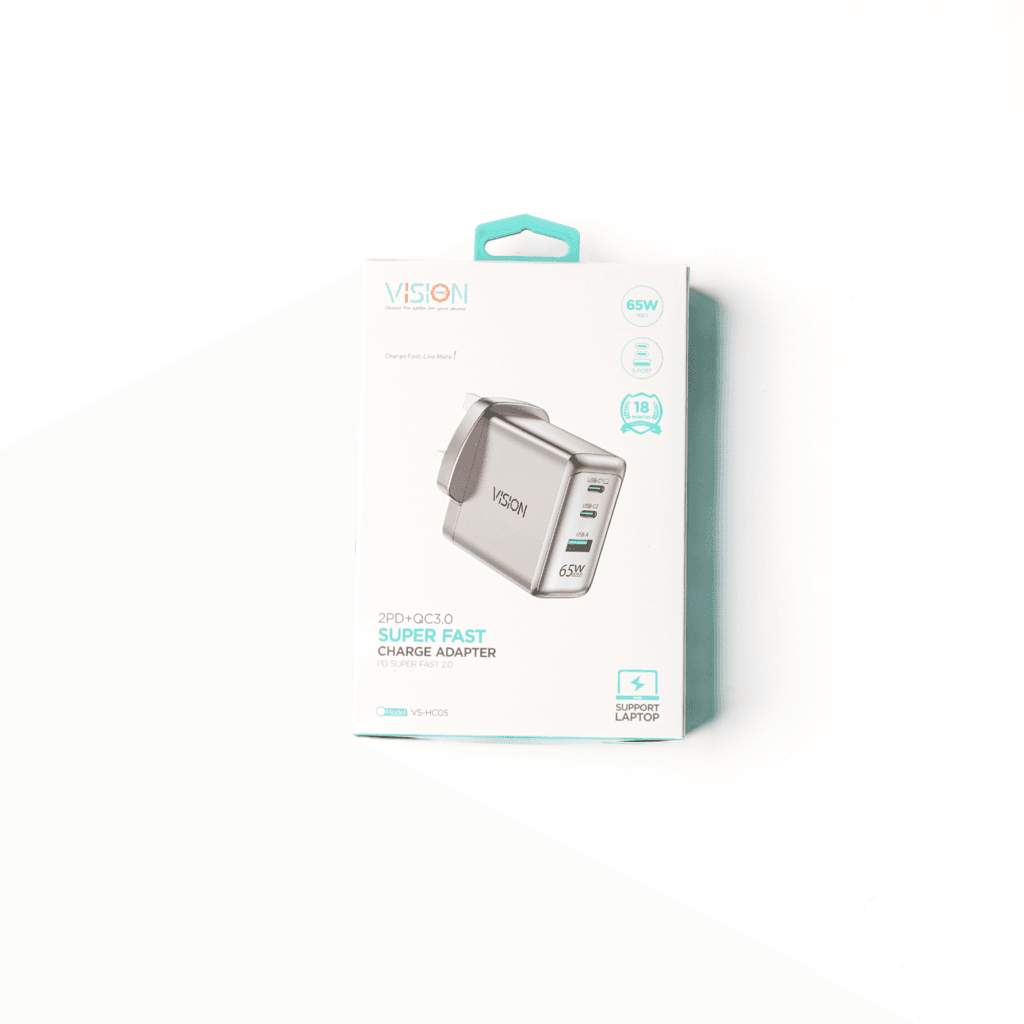 VISION Power Adapter Dual Port: 2 USB-C & USB-A 65W Super Fast - Suport Laptop 1