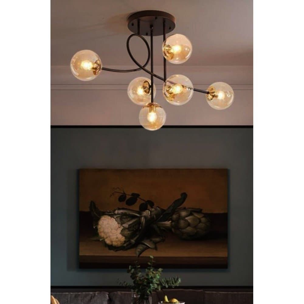 Tascan Evan 6-Piece Honey Glass Ceiling Lamp Chandelier - Black - TAS.176