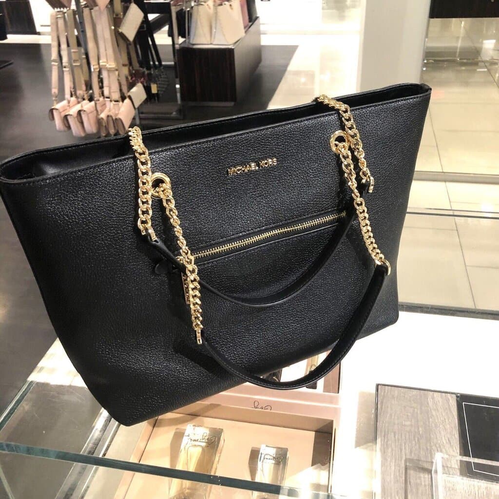MICHAEL KORS LARGE TOTE BAG SHOULDER PURSE HANDBAG BLACK LEATHER GOLD MK 3