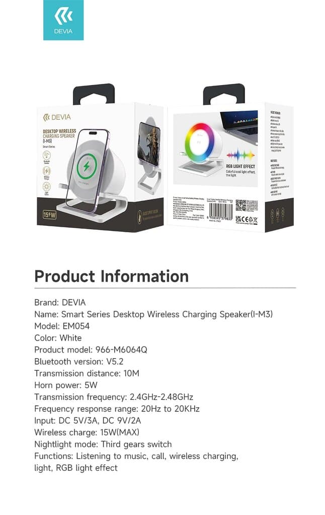 Devia Smart Series Desktop Wireless Charging Speaker(I-M3) - White 9