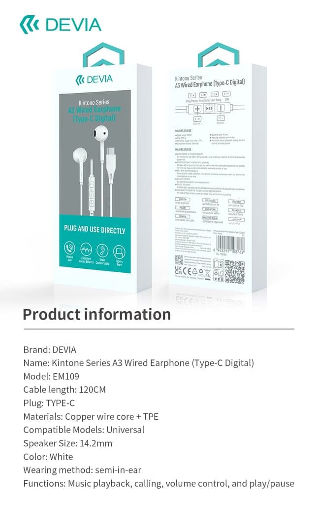 Devia Kintone Series A3 Wired Earphone (Type-C Digital) - White 7