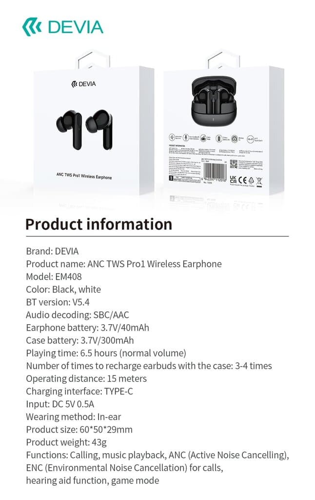 Devia ANC TWS Pro1 Wireless Earphone - White 7