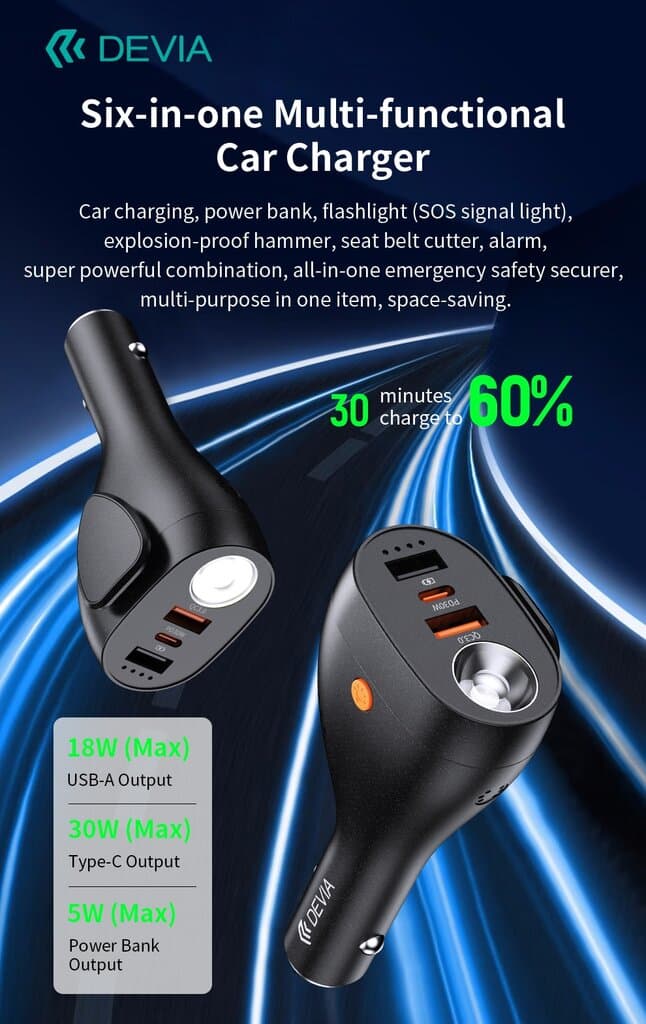 Devia Ultra1 PD30W+QC18W 6-in-1 Multi-function Fast Car Charger 5