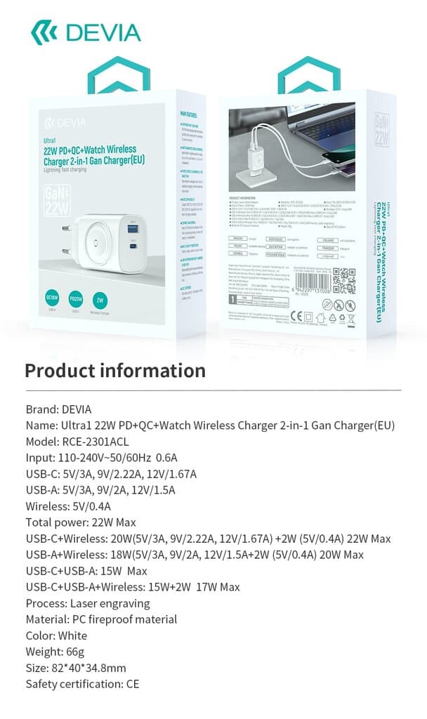 Devia Ultra1 22W PD+QC+Watch Wireless Charger 2-in-1 Gan Charger(EU) 12