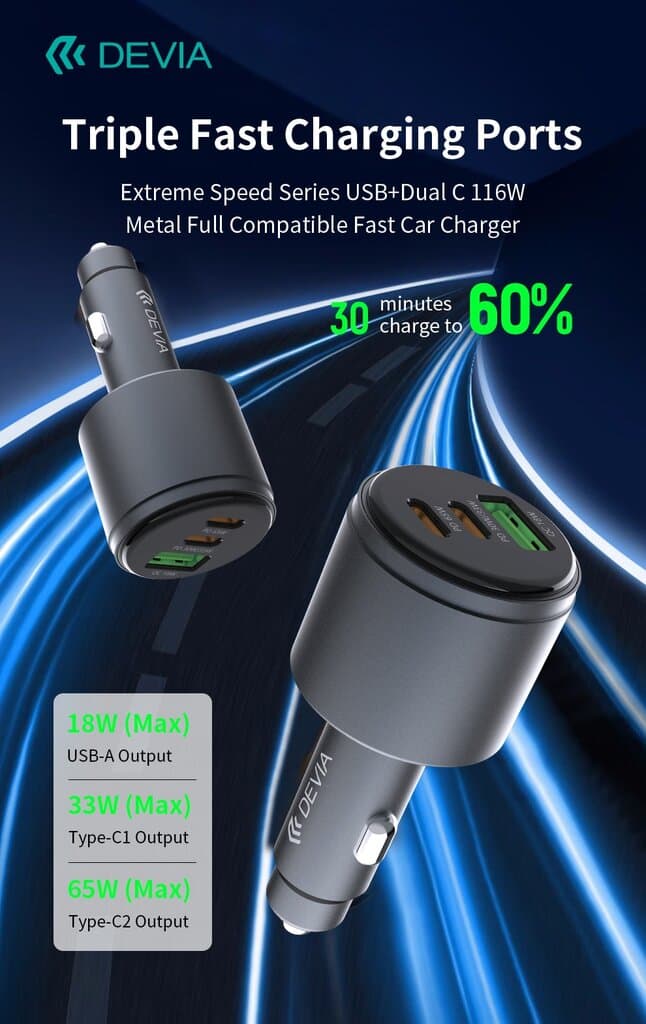 Devia Extreme Speed Series USB+Dual C 116W Metal Full Compatible Fast Car Charger 2