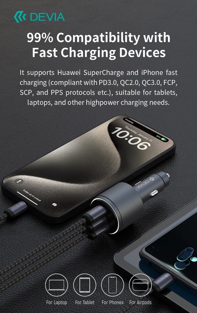 Devia Extreme Speed Series USB+Dual C 116W Metal Full Compatible Fast Car Charger 3