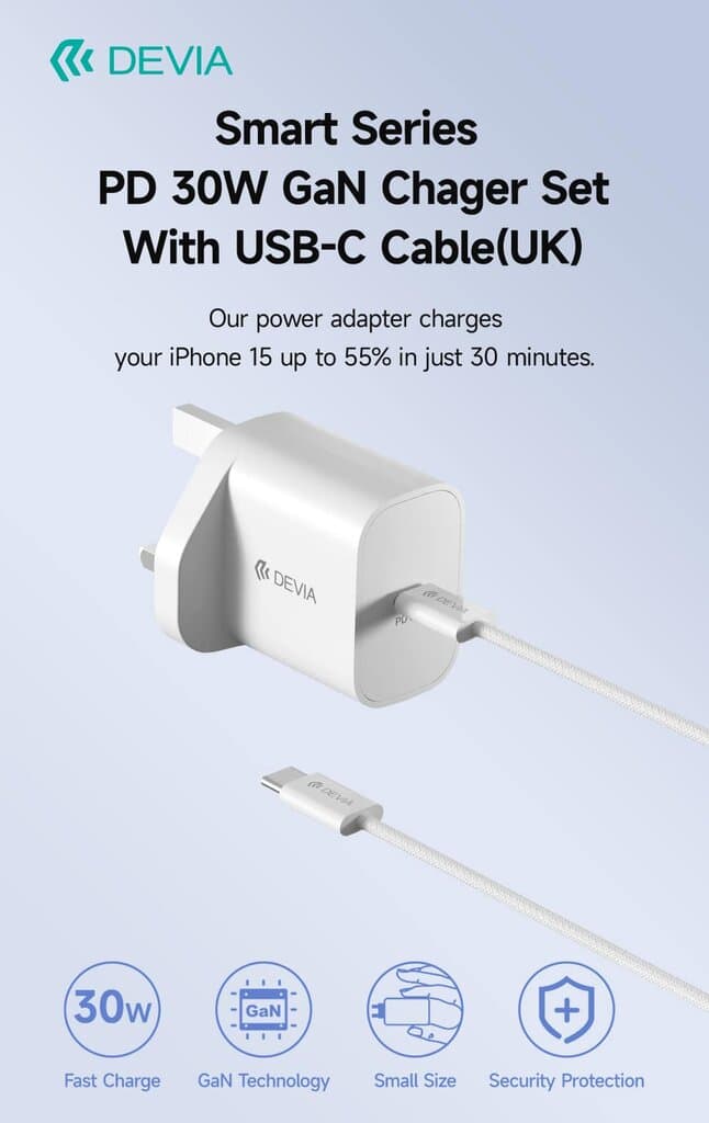 DEVIA Smart Series PD 30W GaN Charger Set With USB-C Cable(UK) 4