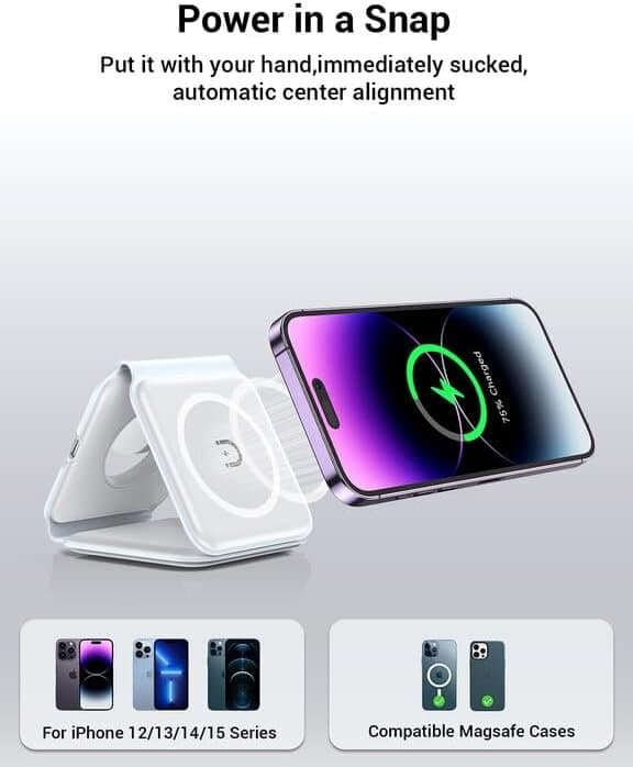 iCenter 3-in-1 Magnetic Foldable Wireless Charger for iPhone, Apple Watch, and AirPods - Black 3