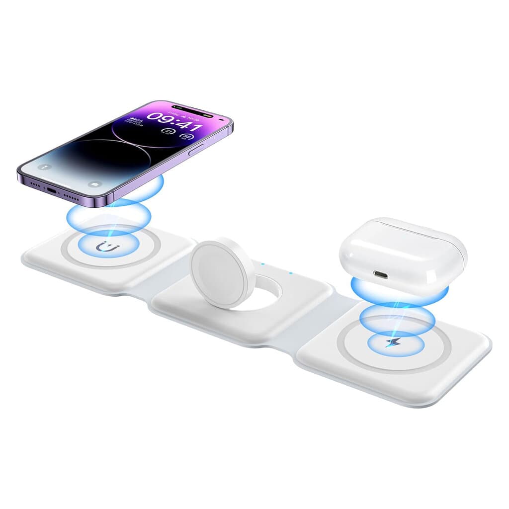 iCenter 3-in-1 Magnetic Foldable Wireless Charger for iPhone, Apple Watch, and AirPods - White