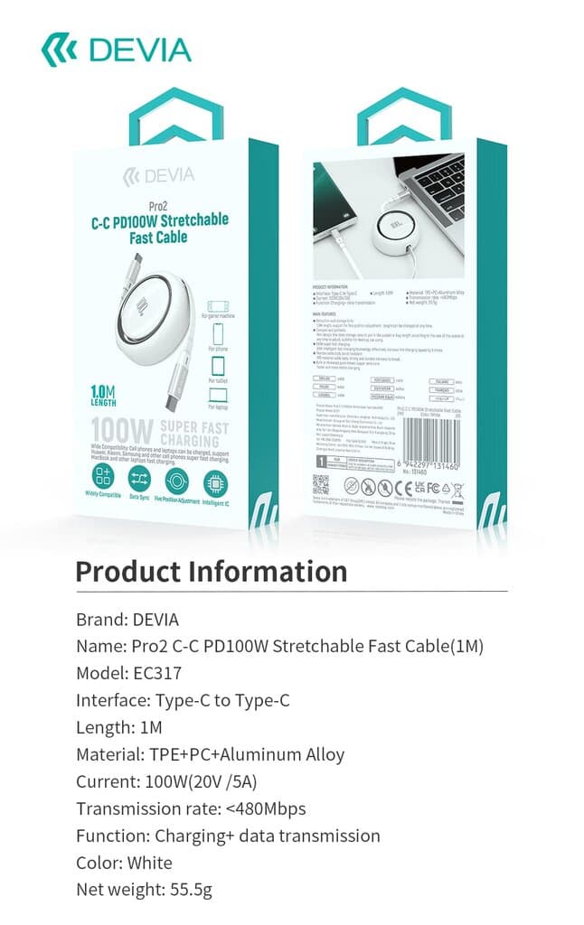Devia Pro2 C-C PD100W Stretchable Fast Cable(1M) - White 12