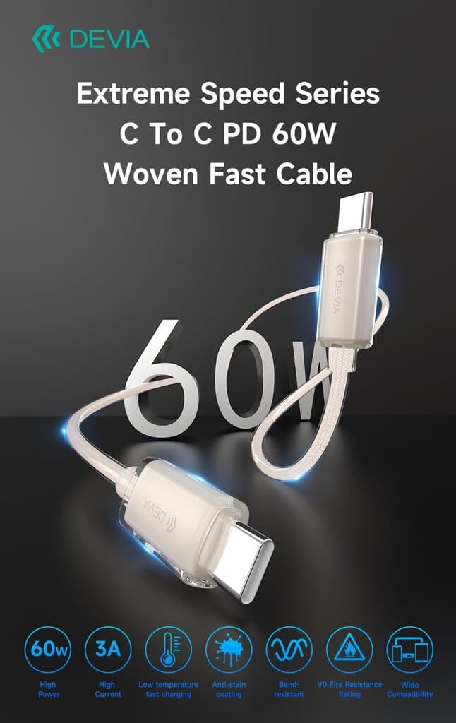 Devia Extreme Speed Series C To C PD 60W Woven Fast Cable (1.5M) - Desert Titanium 2
