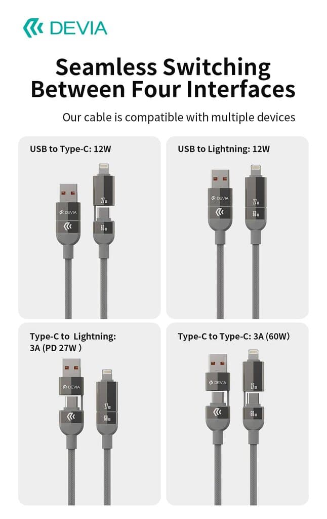 Devia Ultra 2 Multi Functions 4 In 1 Woven Magnetic Fast Cable(1.2M) - Titanium 5