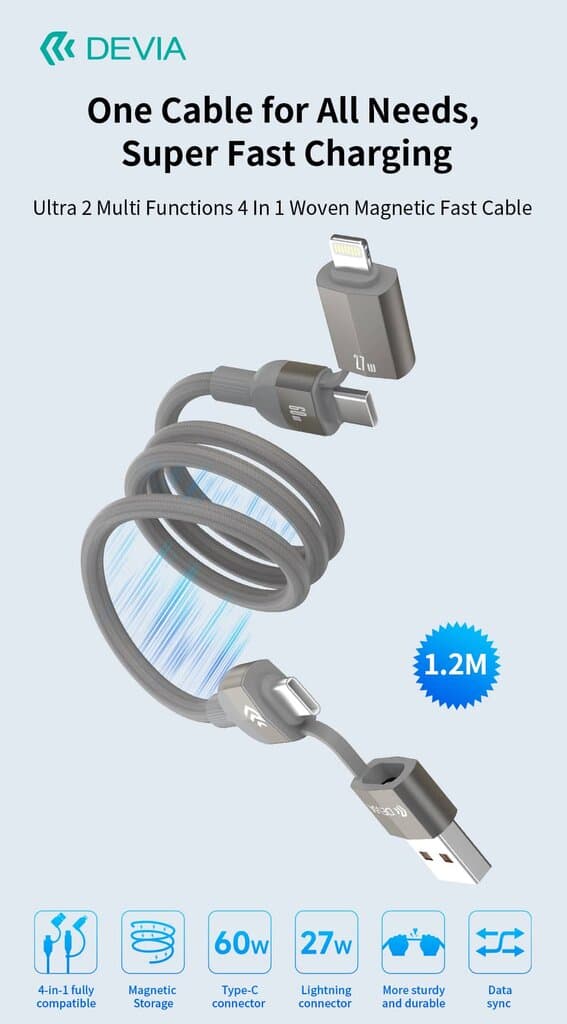 Devia Ultra 2 Multi Functions 4 In 1 Woven Magnetic Fast Cable(1.2M) - Titanium 6