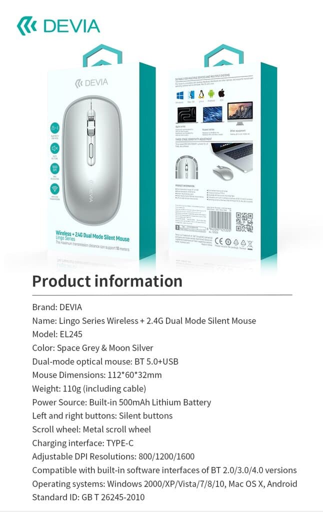 Devia Lingo Series Wireless + 2.4G Dual Mode Silent Mouse - EL245 - Bright Moon Silver - Bright Moon Silver 8