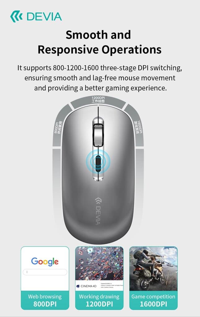 Devia Lingo Series Wireless + 2.4G Dual Mode Silent Mouse - EL245 - Bright Moon Silver - Bright Moon Silver 9