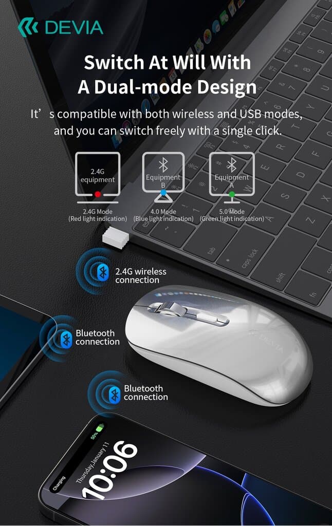 Devia Lingo Series Wireless + 2.4G Dual Mode Silent Mouse - EL245 - Bright Moon Silver - Bright Moon Silver 10