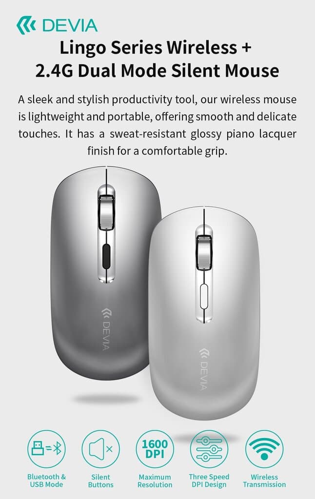 Devia Lingo Series Wireless + 2.4G Dual Mode Silent Mouse - EL245 - Bright Moon Silver - Bright Moon Silver 11