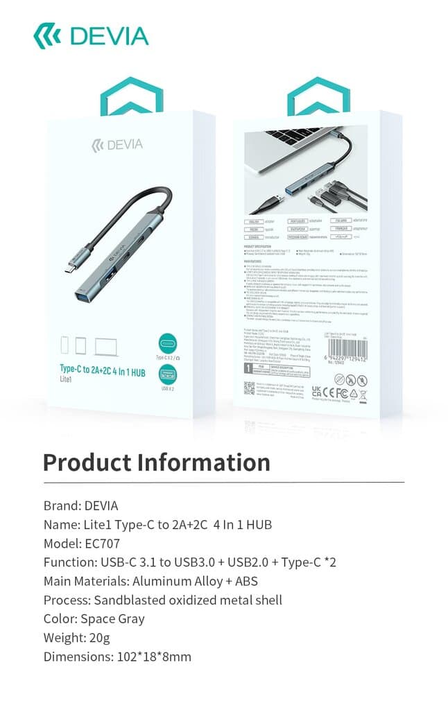 devia Lite1 Type-C to 2A+2C  4 In 1 HUB 12