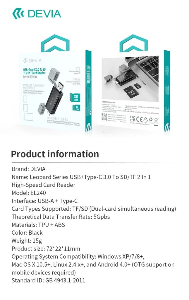 DEVIA Leopard Series USB+Type-C 3.0 To SD/TF 2 In 1 High-Speed Card Reader 5