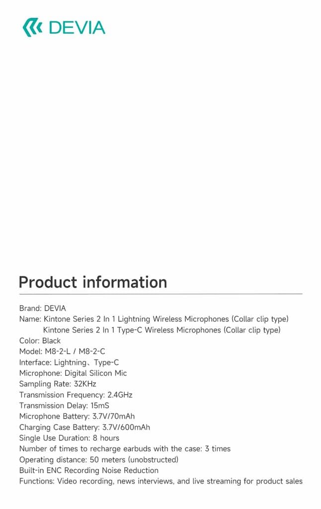 Devia Kintone Series 2 In 1 wireless Microphones（Lightning） 6
