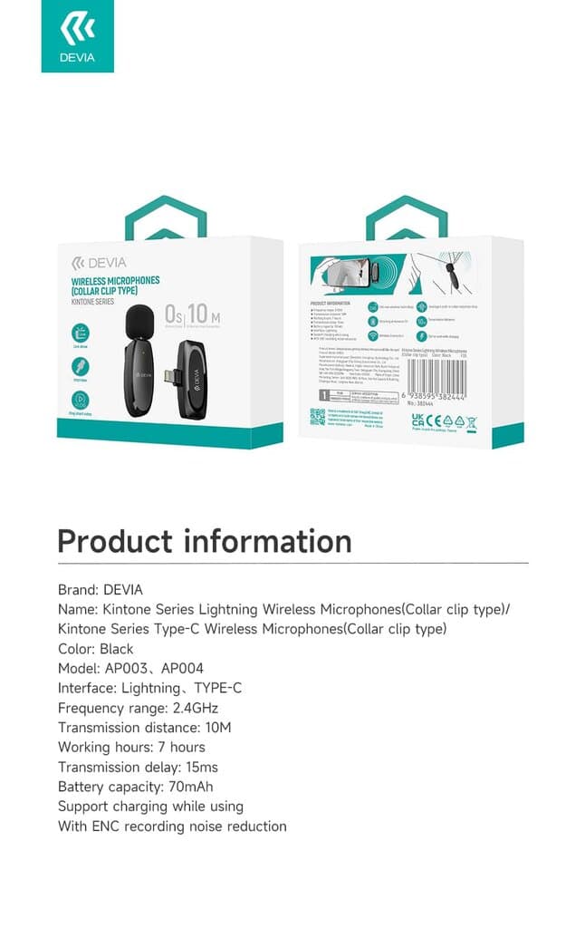 DEVIA Kintone Series Type-C Wireless Microphones(Collar clip type) AP004 - Black 10