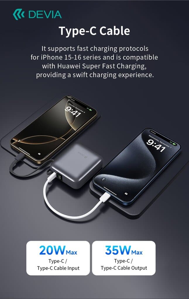 Devia Ultra1 PD 35W Power Bank With Built-in Cable (10000mAh) - Modern Grey 6