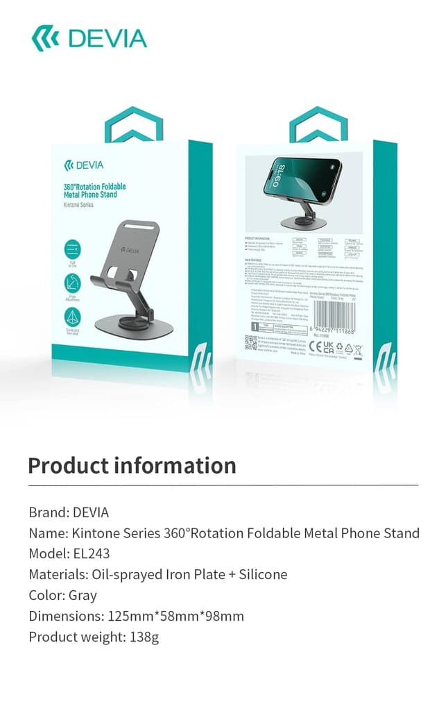 DEVIA Kintone Series 360°Rotation Foldable Metal Phone Stand EL243 8